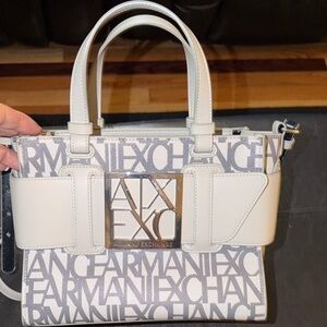Armani Exchange White and Light Gray Logo Satchel